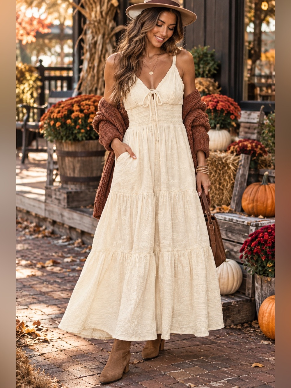 FESTI Ivory Textured Cotton Tiered Boho Maxi Dress Size 0 w/ Pockets